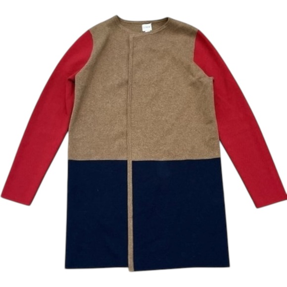 J. CREW Vanessa Color Block Cardigan Sweater Open Jacket Red/Blue/Tan Size Small - Picture 2 of 5